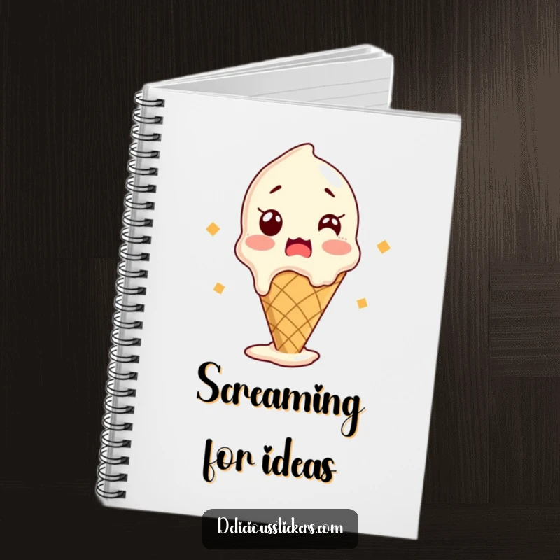 Funny notebook cover with a shocked ice cream cone melting slightly, ideal for journaling and note-taking with a sweet and humorous twist.