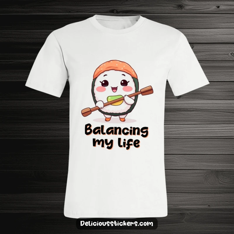 Funny sushi skill t-shirt featuring a joyful sushi character perfectly balancing a tiny paddle on its nose.