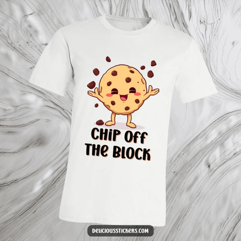 Funny mischievous cookie character energetically juggling chocolate chips on a t-shirt, conveying playful action and snack-loving humor.