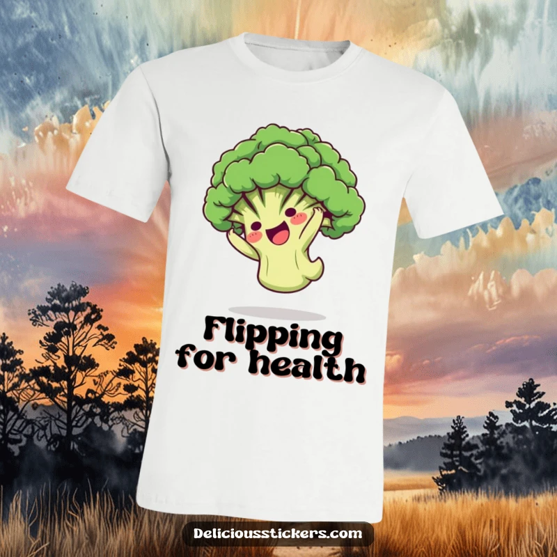 Funny T-Shirt: A playful broccoli floret character mid-somersault, showcasing cartoon agility and a love for healthy fun.