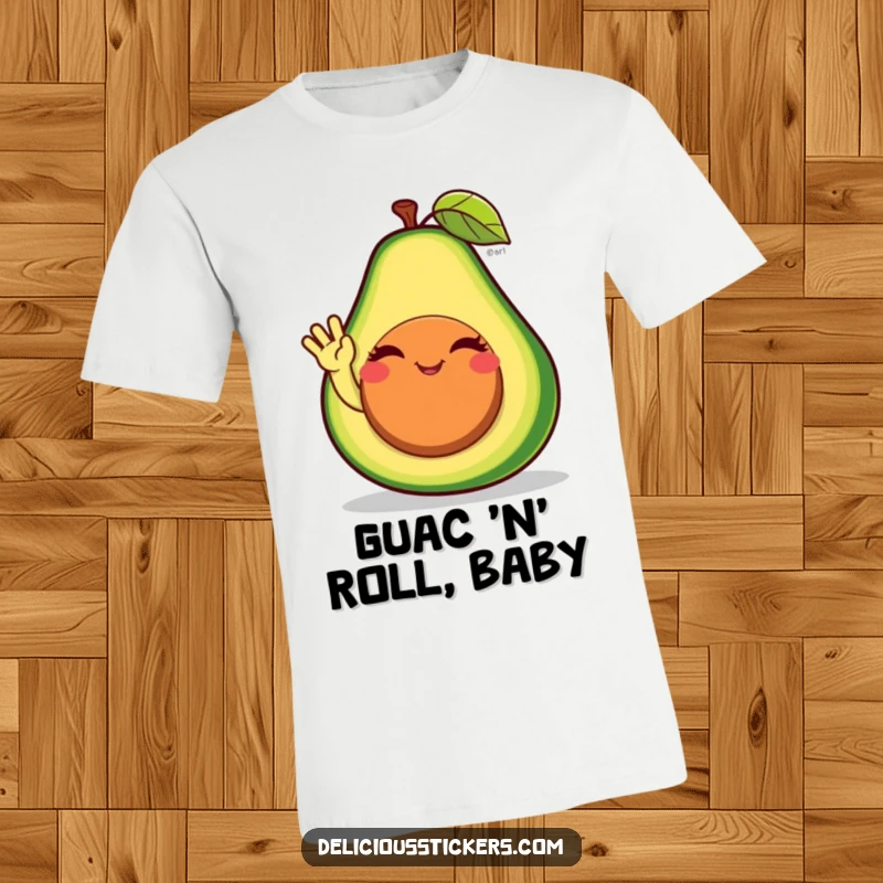 Funny avocado t-shirt character giving a friendly wink and wave from its pit, embodying a healthy and humorous vibe.