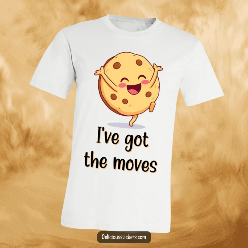 Funny cookie t-shirt character doing a happy cartwheel with a wide smile, radiating excitement and a playful attitude.
