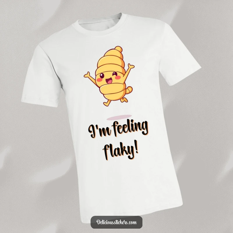 Funny croissant t-shirt, a cheerful croissant character leaping high into the air, representing pure delight.