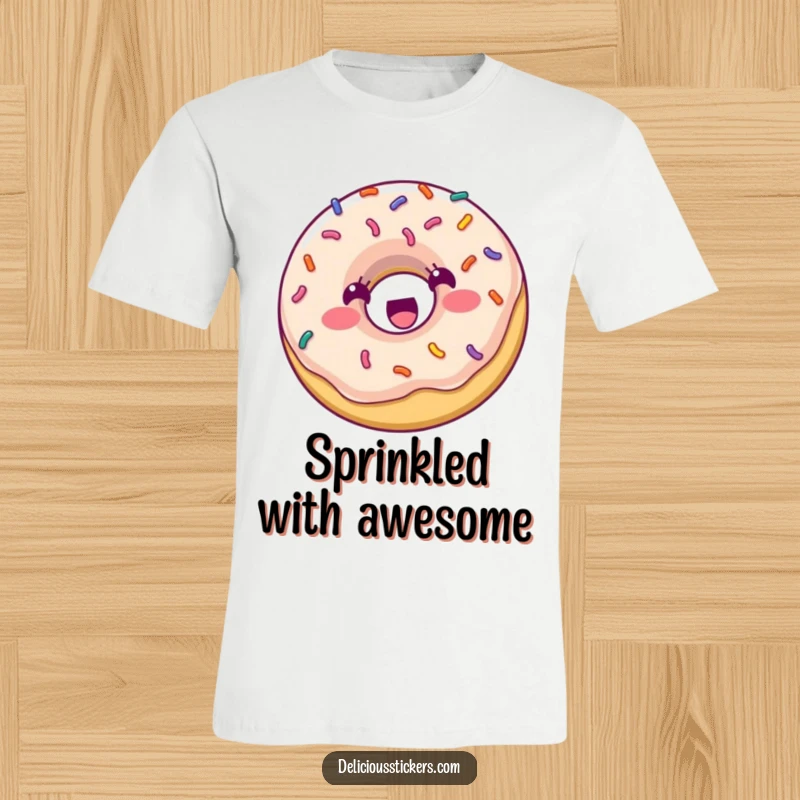 Funny T-Shirt: A cheerful donut covered in sprinkles is captured in a dynamic pose, bouncing with infectious excitement.
