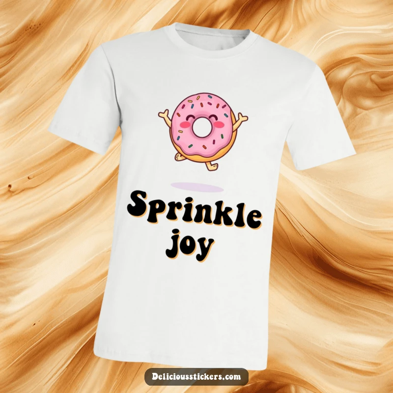 Funny T-Shirt featuring a jumping donut character covered in sprinkles, doing a joyful dance, embodying fun and sweetness.
