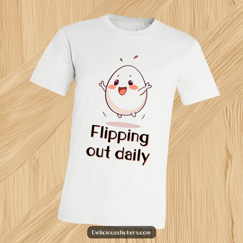 Funny t-shirt depicting a joyful anthropomorphic egg mid-flip in a silly, energetic pose, perfect for breakfast humor.