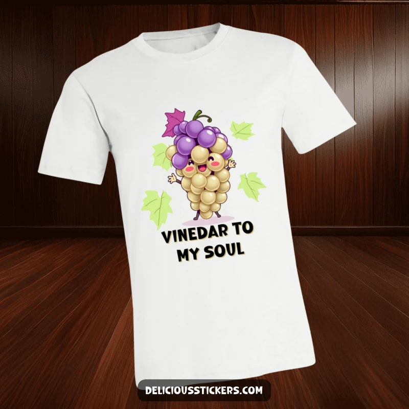 Funny grape bunch t-shirt character doing a silly dance, radiating playful energy and a fun-loving attitude.