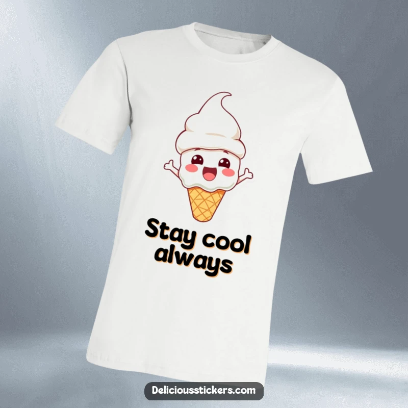 Funny T-Shirt with an excited ice cream cone character wearing a cone hat, radiating happiness and a love for dessert.