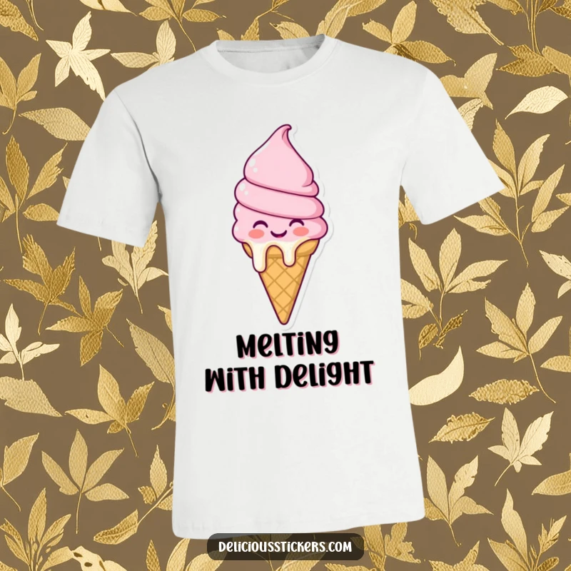 Funny melting ice cream cone t-shirt character expressing pure joy and happiness, depicting a delightful, slightly melty summer vibe.