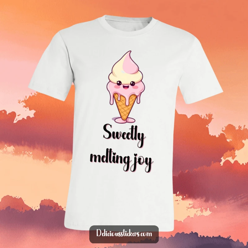 Funny T-shirt with a happy ice cream cone character whose melting drips form funny, abstract shapes, celebrating summer fun.