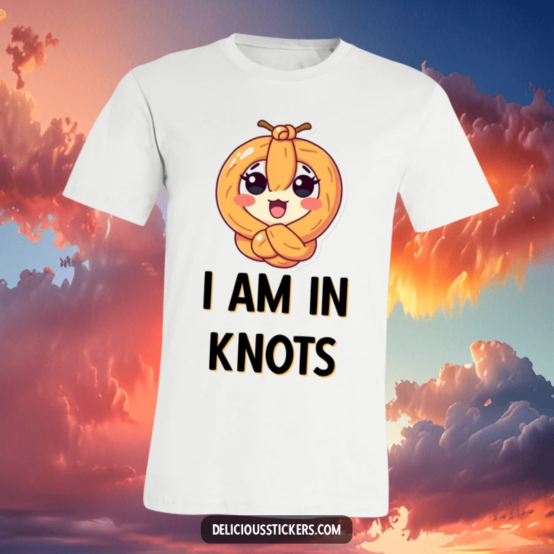 Funny surprised pretzel character tied in a knot on a t-shirt, showcasing a humorous and relatable snack situation.