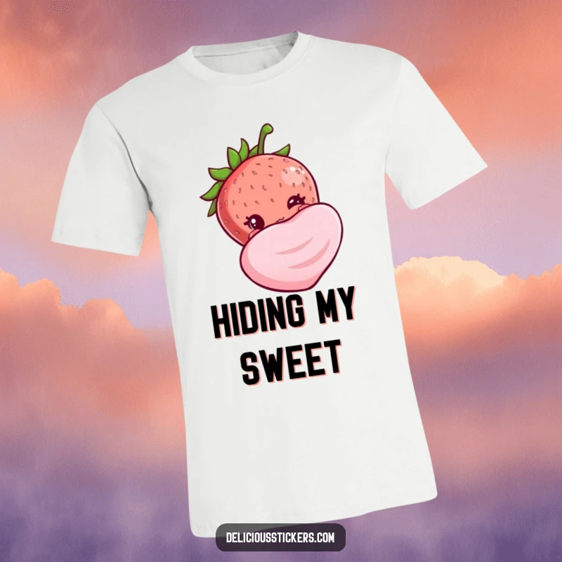 Funny shy strawberry t-shirt, peeking out bashfully from behind a giant candy, highlighting its adorable, sweet nature.