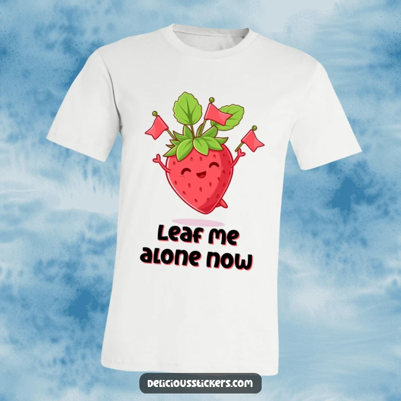 Funny t-shirt showcasing a vibrant strawberry enthusiastically juggling its leaves, depicted as tiny, fluttering flags, radiating pure, contagious fun.