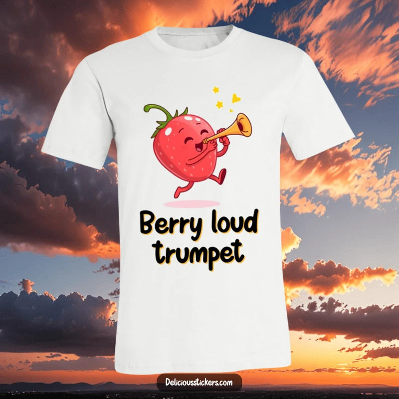 Funny t-shirt showing a lively strawberry character mid-jump, playing a tiny trumpet with musical notes around it.
