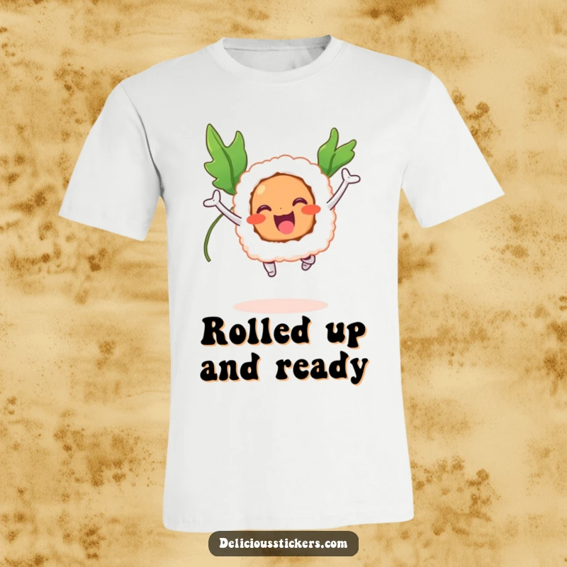 Funny t-shirt with a smiling sushi roll performing a joyful jump, adorned with seaweed wings.