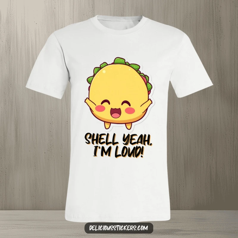 Funny t-shirt depicting an ecstatic taco character with wide, excited eyes, cheering loudly, embodying festive Mexican food fun.