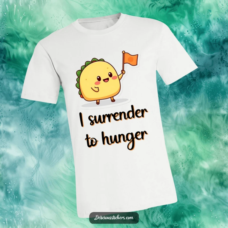 Funny t-shirt featuring a happy taco character proudly waving a tiny flag, embodying a festive spirit.