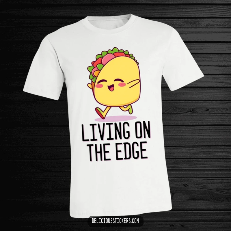 Funny t-shirt showcasing a happy taco character playfully skipping sideways with eyes closed, full of food-fueled joy.