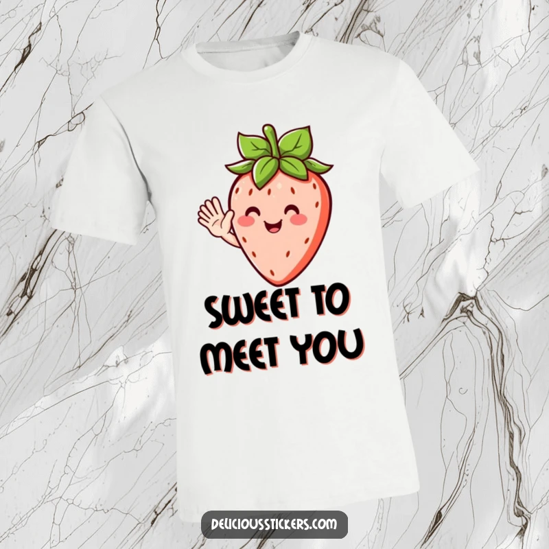 Funny t-shirt showcasing a joyful strawberry character with leafy hair, giving a friendly and humorous wave.