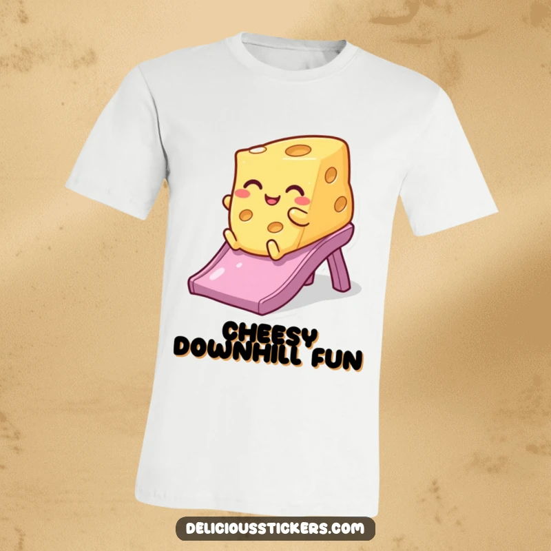 Funny winking cheese t-shirt, depicted mid-slide with a playful wink, radiating pure, unadulterated dairy joy.