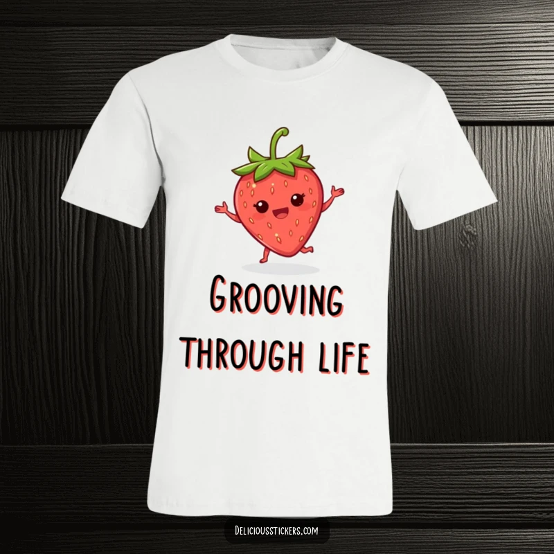 Funny strawberry dance t-shirt featuring a delighted strawberry doing a happy little jig with its leaves, full of glee.