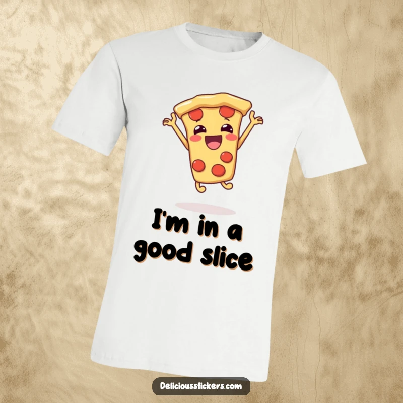 Funny pizza slice t-shirt jumping with delight, a cartoon celebrating pizza, perfect for a humorous apparel gift.