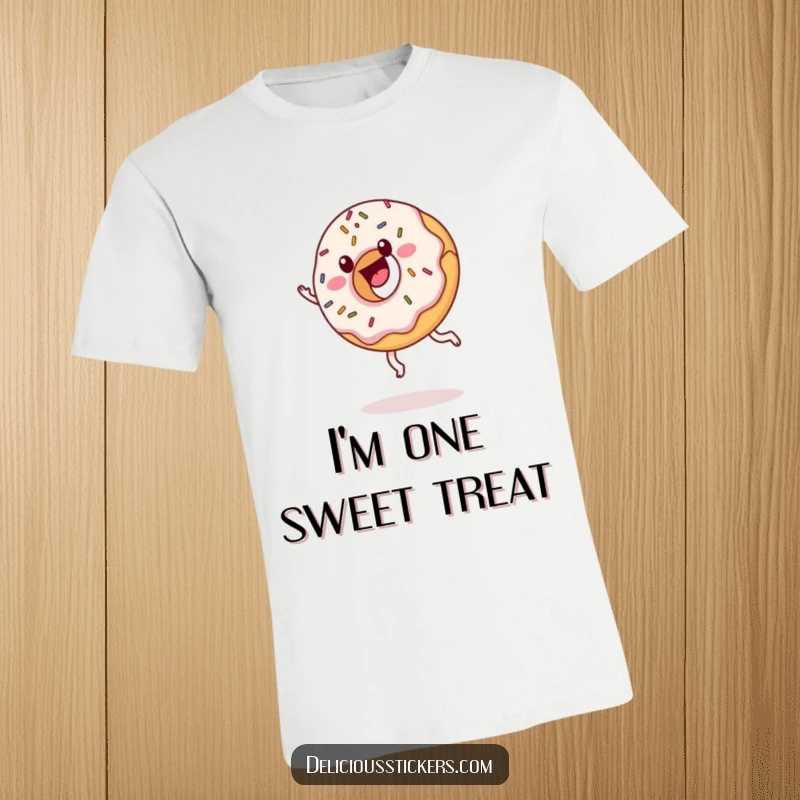 Funny donut t-shirt with sprinkles doing a cartwheel, a cartoon celebrating confectionary fun, perfect for humorous apparel.