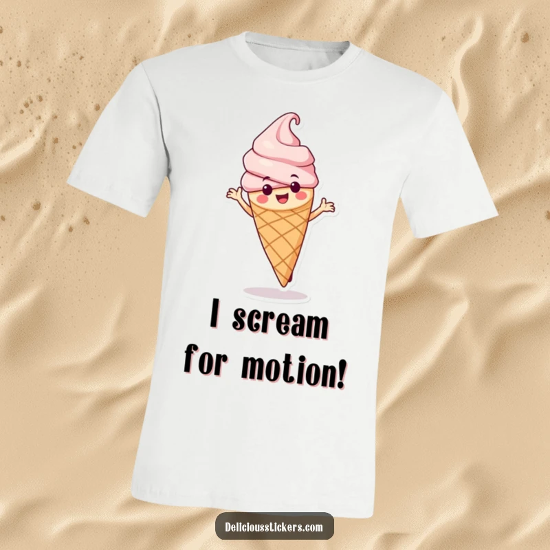 Funny ice cream cone t-shirt character doing a dynamic spin, expressing pure delight and energy with a playful vibe.