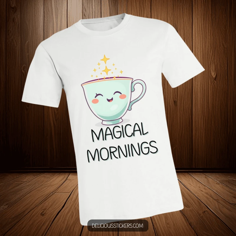 Funny Teacup T-Shirt depicting a winking teacup character pouring a shower of sparkling magic, enchanting and fun.
