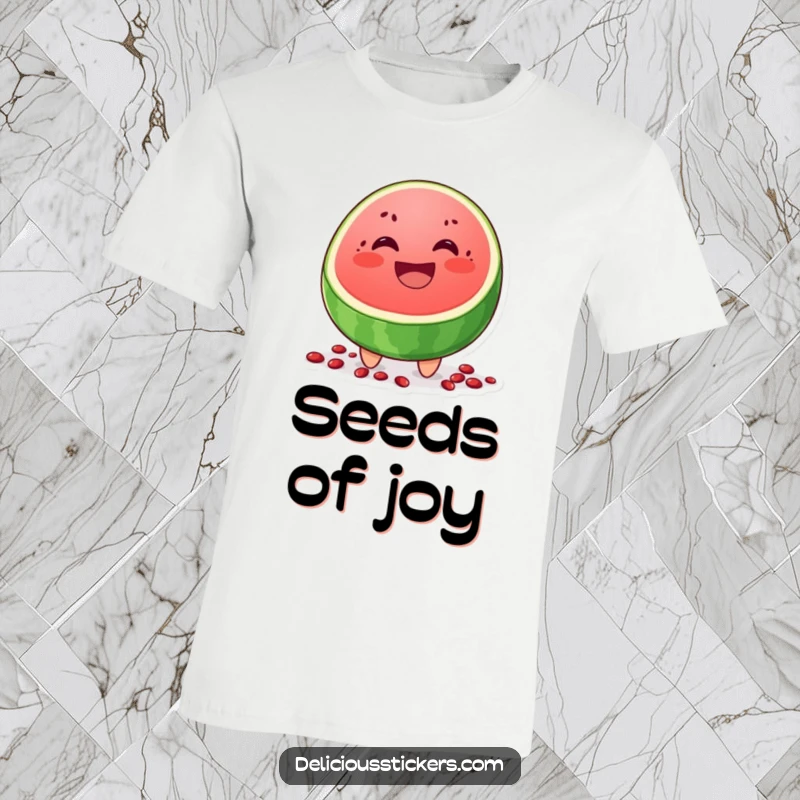 Funny T-shirt with a happy watermelon slice character grinning widely, seeds scattered below, celebrating summer and fun.