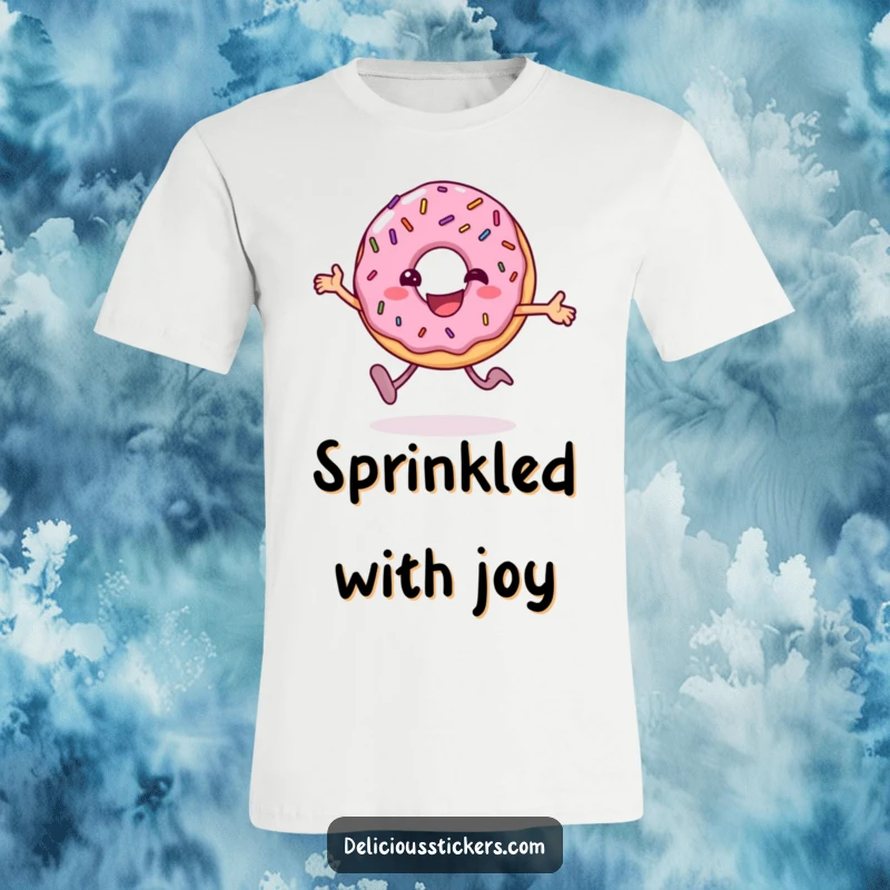 Funny donut t-shirt character gleefully hopping, adorned with sprinkles, embodying pure joy and a lighthearted attitude.