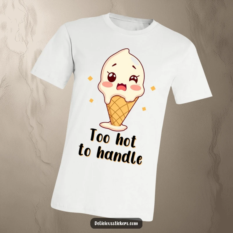 Funny t-shirt with a shocked ice cream cone melting slightly, representing extreme excitement and a love for frozen treats humorously.