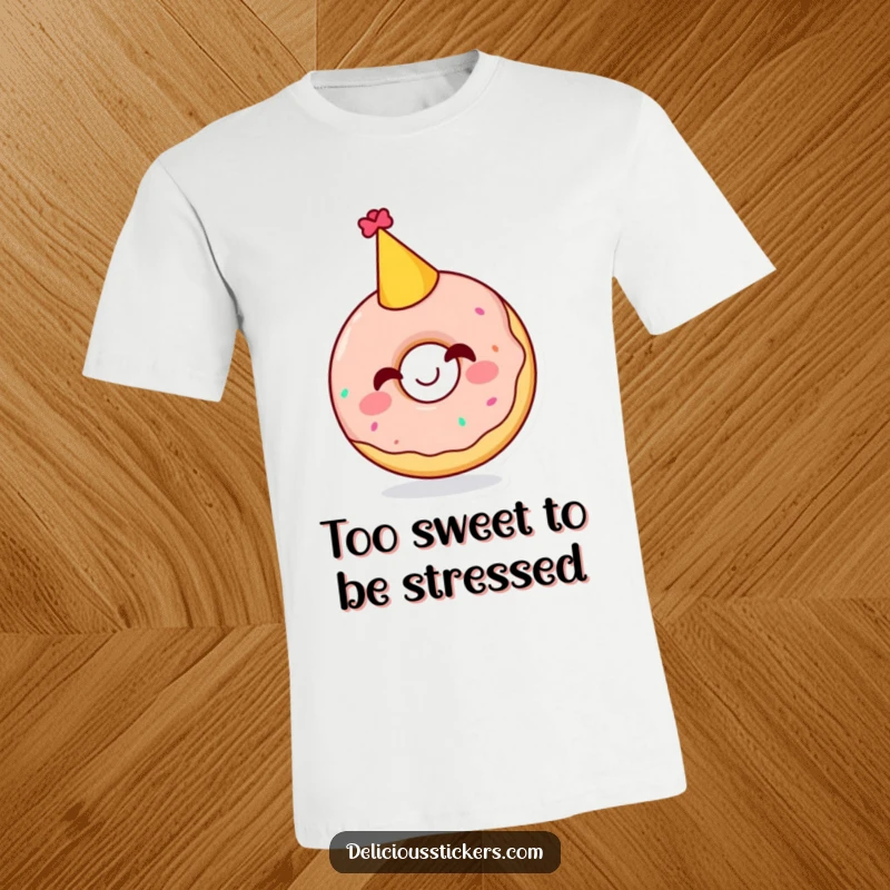 Funny t-shirt with a giggling doughnut character sporting a jaunty party hat, embodying a spirit of fun and sugary delight.