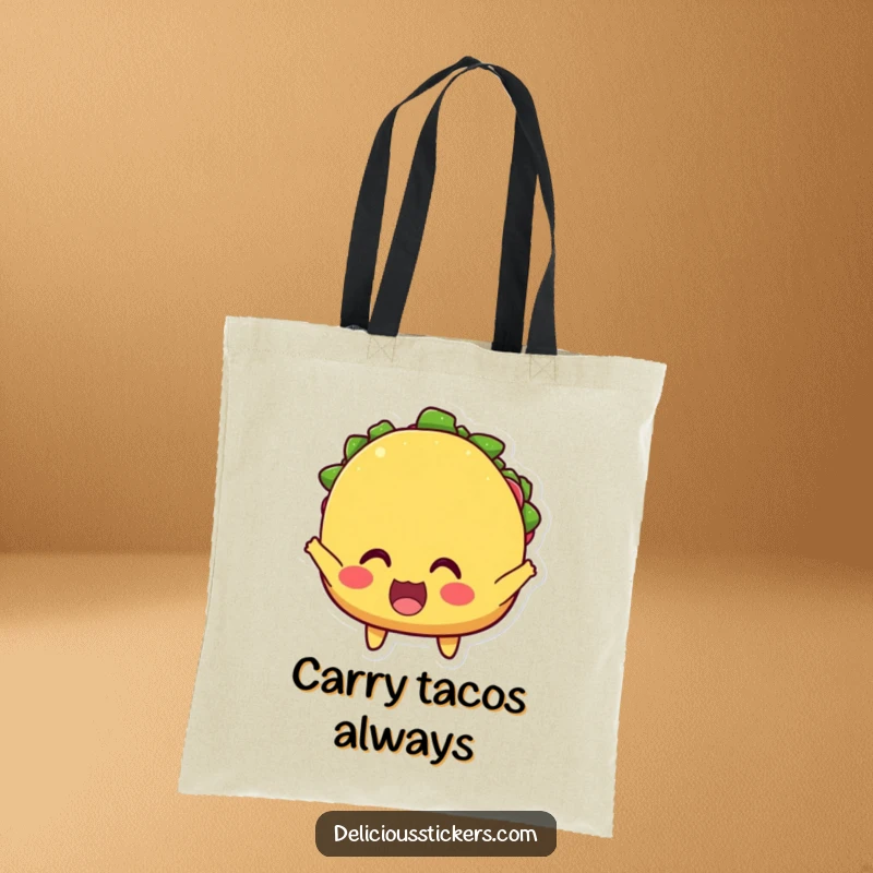 Funny tote bag showcasing an excited taco character with wide eyes, cheering loudly, ideal for stylishly carrying daily essentials.