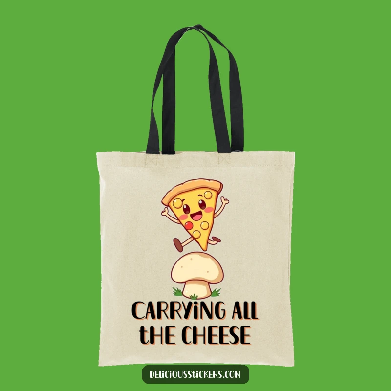 Funny Pizza Leap Tote Bag: Cheerful Slice Jumps Over Mushroom, Versatile Gift!