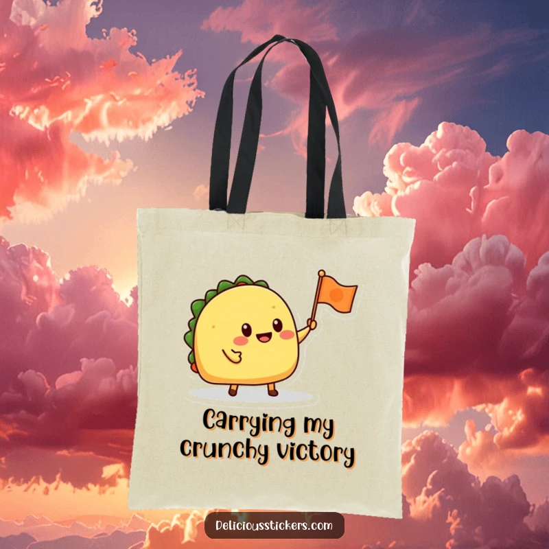 Funny tote bag featuring a grinning taco character waving a tiny flag, ideal for carrying groceries or party items.