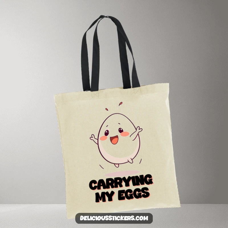 Funny tote bag showcasing a bouncing egg character performing a silly flip, ideal for stylishly carrying breakfast essentials and more.