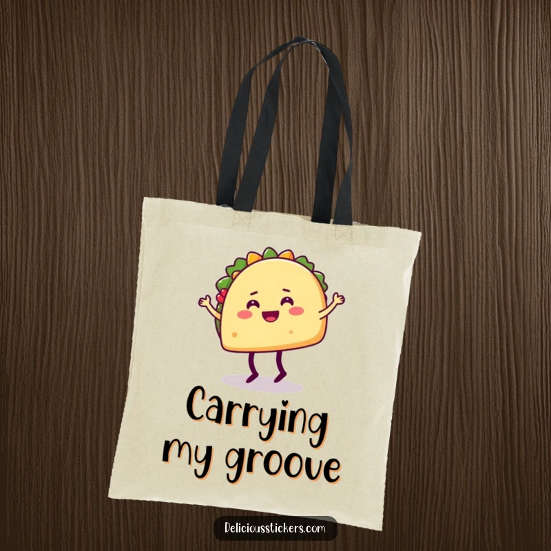 Funny tote bag illustrating a happy taco character doing a silly dance move with its legs, perfect for food lovers.