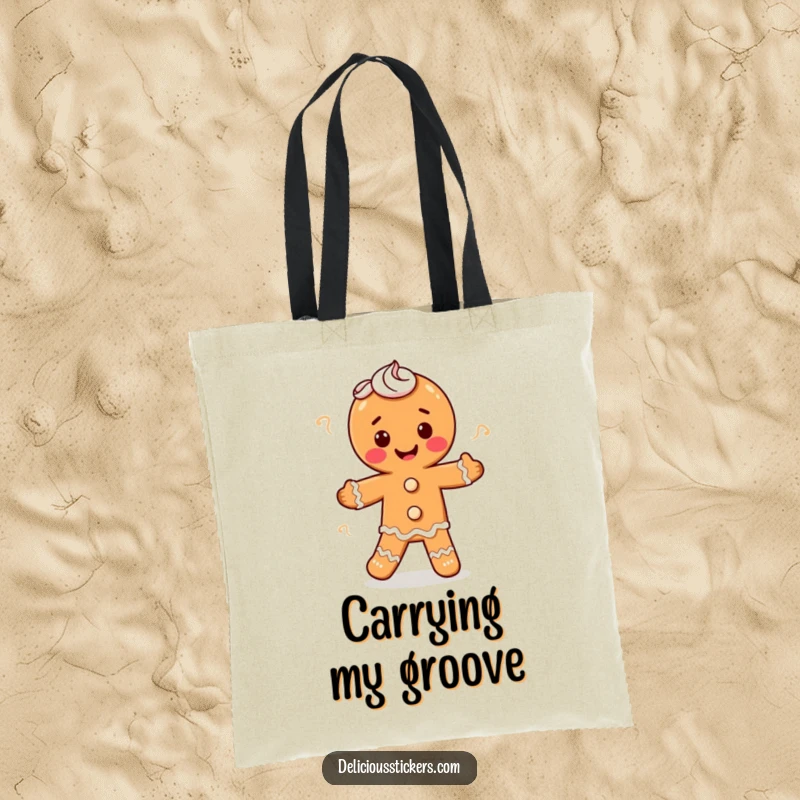 Funny gingerbread man doing a jig, decorated with frosting, this tote bag is a humorous and festive funny gift.