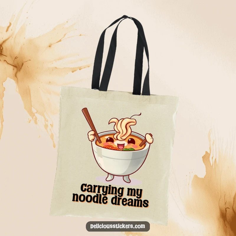 Funny tote bag showcasing a delighted ramen bowl character performing with chopsticks like exciting baton sticks, great for grocery trips.