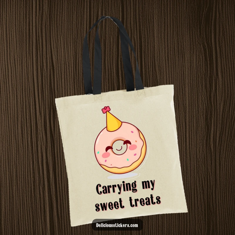Funny tote bag with a laughing doughnut character wearing a cute party hat, ideal for carrying essentials with a dash of sugary celebration.