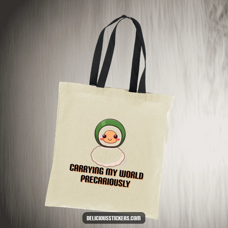 Funny tote bag featuring a smiling sushi roll character perfectly balanced on a single grain of rice, ready for your day.