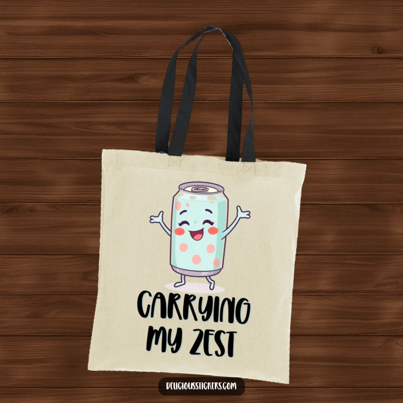 Funny Soda Can Tote Bag with a cheerful soda can character doing a happy dance, practical and full of life.