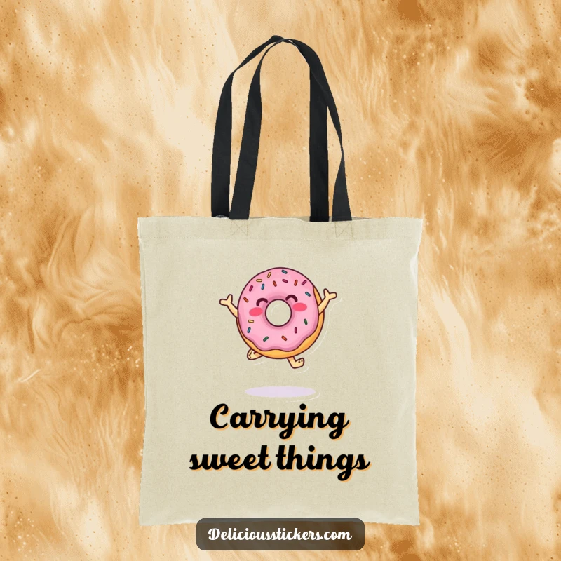 Funny Tote Bag showcasing a jumping donut character with sprinkles doing a dance, perfect for carrying treats and cheerful vibes.