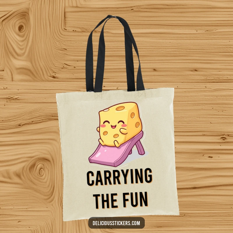 Funny winking cheese tote bag, joyfully sliding down a slide, a humorous and practical accessory for carrying your goods.
