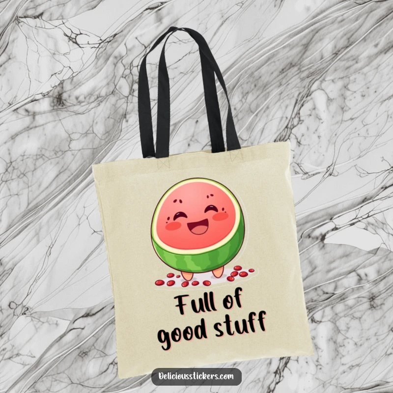 Funny tote bag with a wide-grinning watermelon slice character and scattered seeds, great for shopping or everyday use.