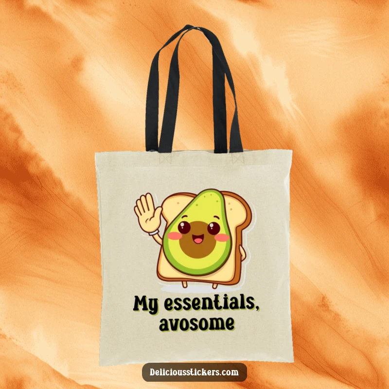Funny avocado toast tote bag, a smiling avocado toast character giving a high five, perfect for shopping.