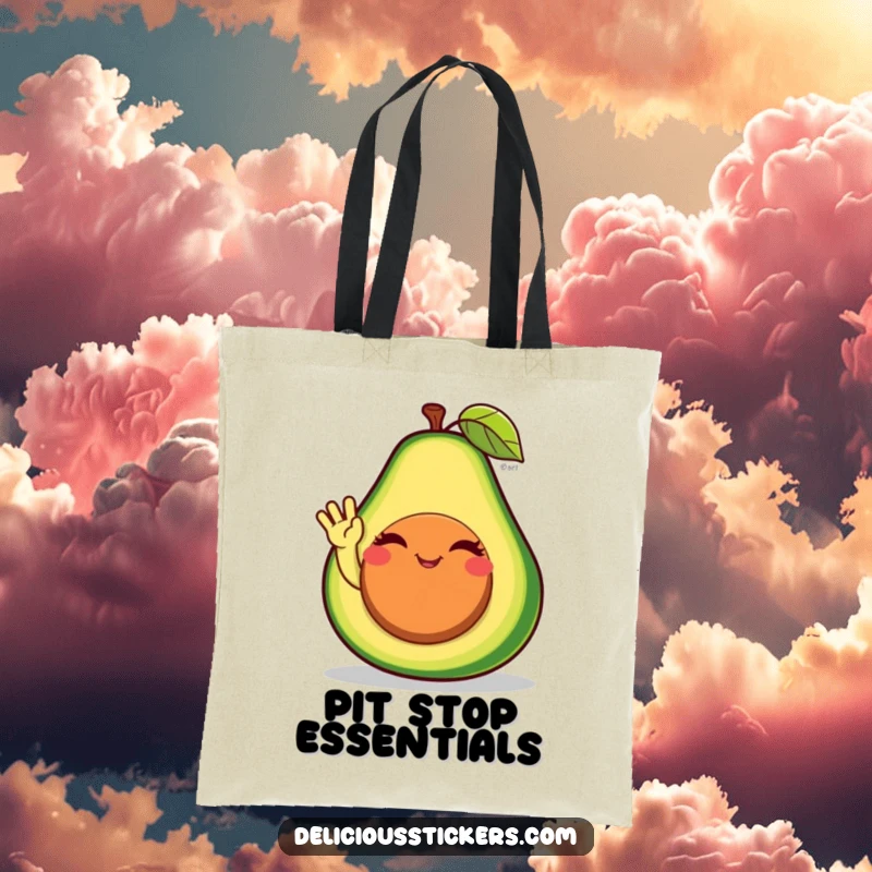 Funny avocado tote bag featuring the winking character waving from its pit, perfect for carrying essentials with healthy humor.