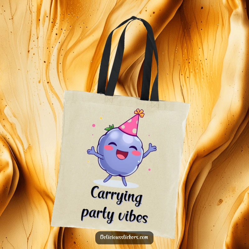 Funny tote bag with a laughing blueberry character wearing a party hat, joyfully dancing, perfect for carrying items.