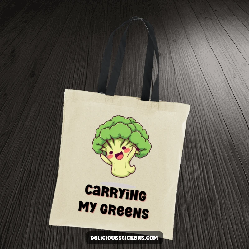 Funny Tote Bag: A playful broccoli floret character performing a somersault, bringing cartoon fun and veggie power.